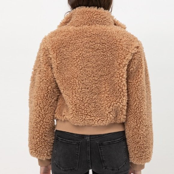 Camel Cozy Soft Fluffy Fur Teddy Bomber Jacket - Picture 7 of 11